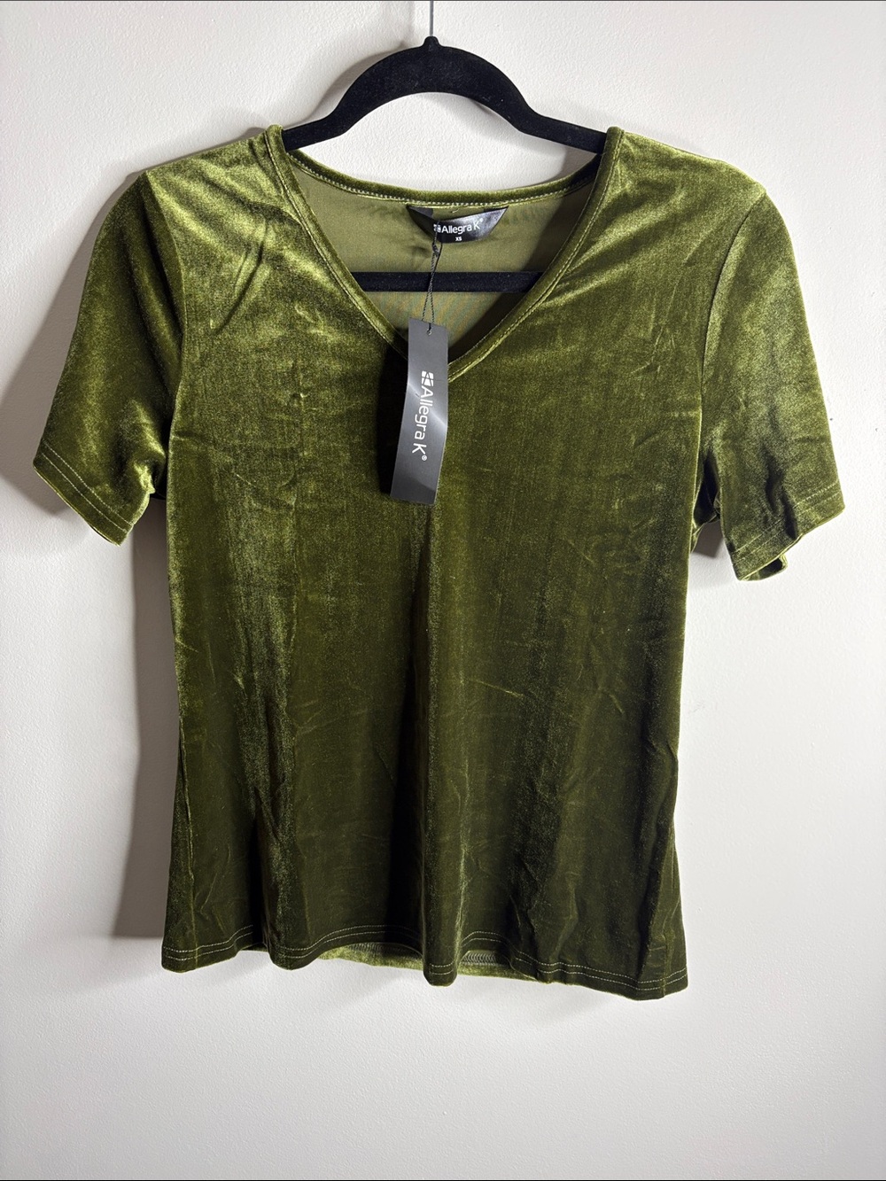 Allegra K Olive Velvet V-Neck Short Sleeve Top